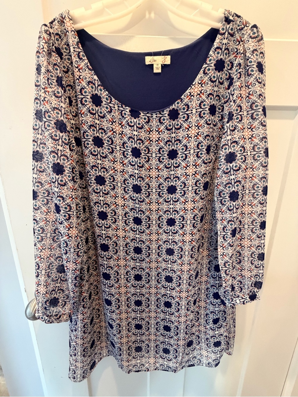 L8ter Blue White Boho Print Mini Dress Women’s Medium Long Sleeve Tunic